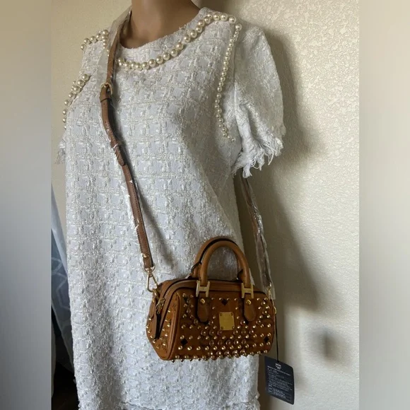 MCM Cognac Visetos Swarovzki mini boston 2 way - Picture 9 of 14